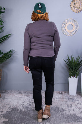 Brings Me Peace Charcoal Solid Ribbed Top - T10477CH