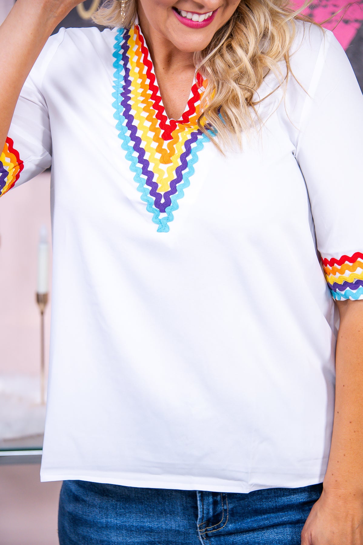 Use Your Imagination White/Multi Color Embroidered V Neck Top - T7597WH
