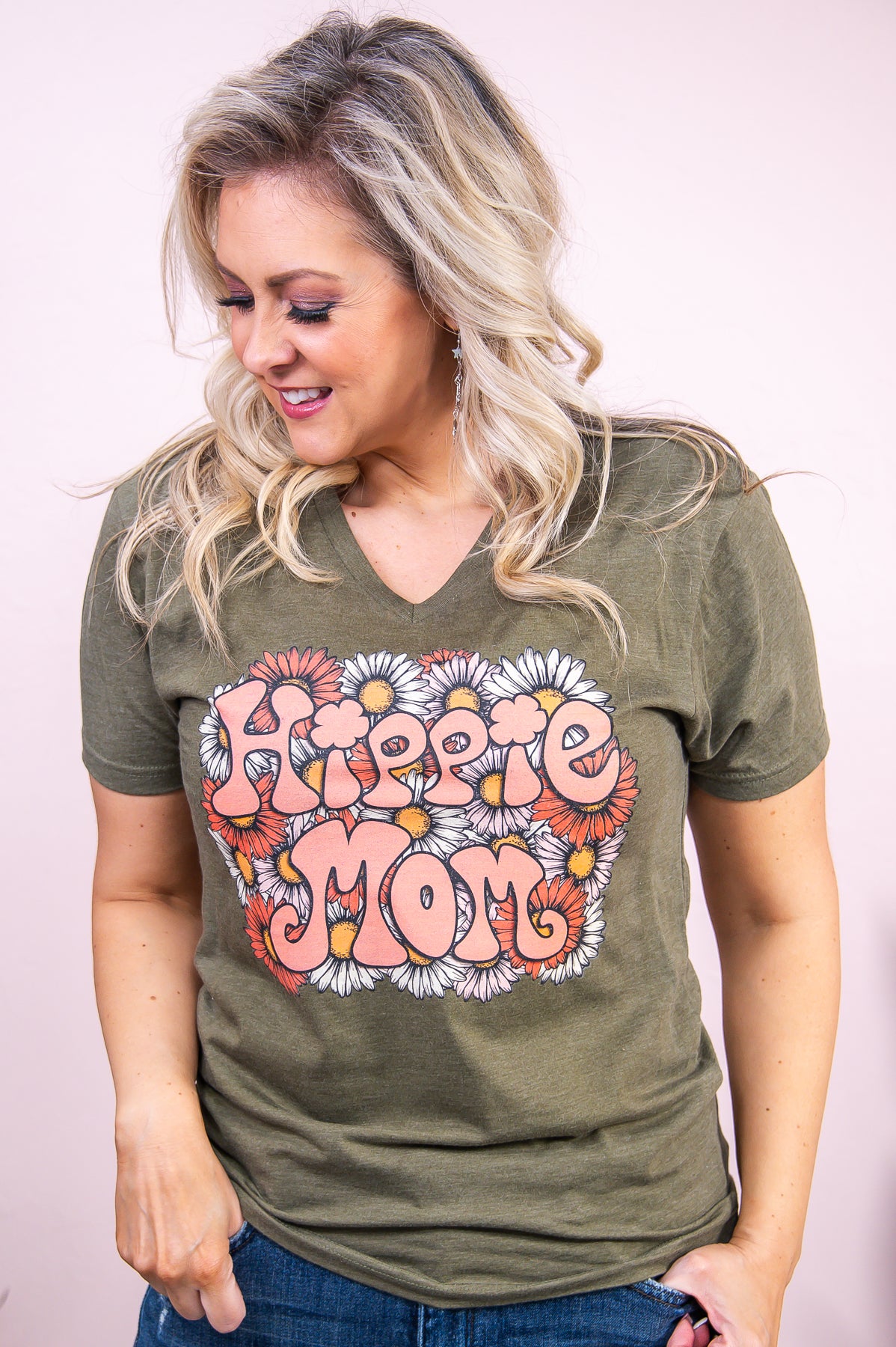 Hippie Mom Military Green Graphic Tee - A3184MGN