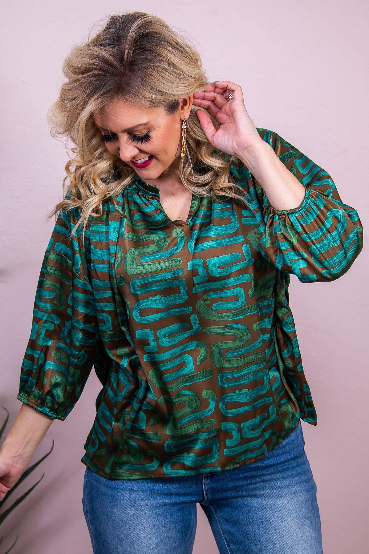 Anything Is Poshable Green/Brown Printed V Neck Top - T8330GN