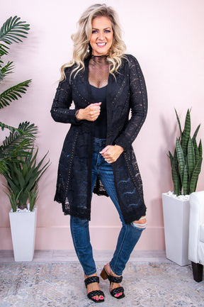 Baddie Approved Black Solid Studded Floral Lace Kimono - O5329BK
