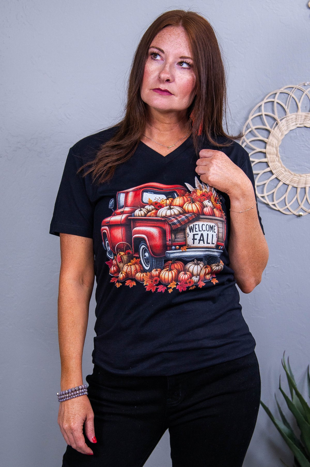 Welcome Fall Black Truck Printed V Neck Graphic Tee - A3677BK