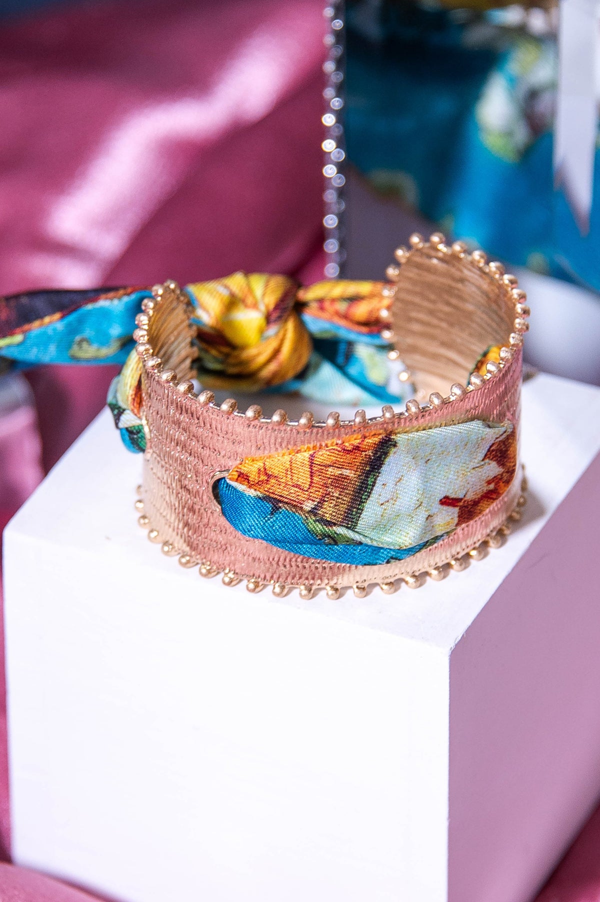 Yellow/Multi/Gold Printed Fabric/Texture Cuff Bracelet - BRC3436YE