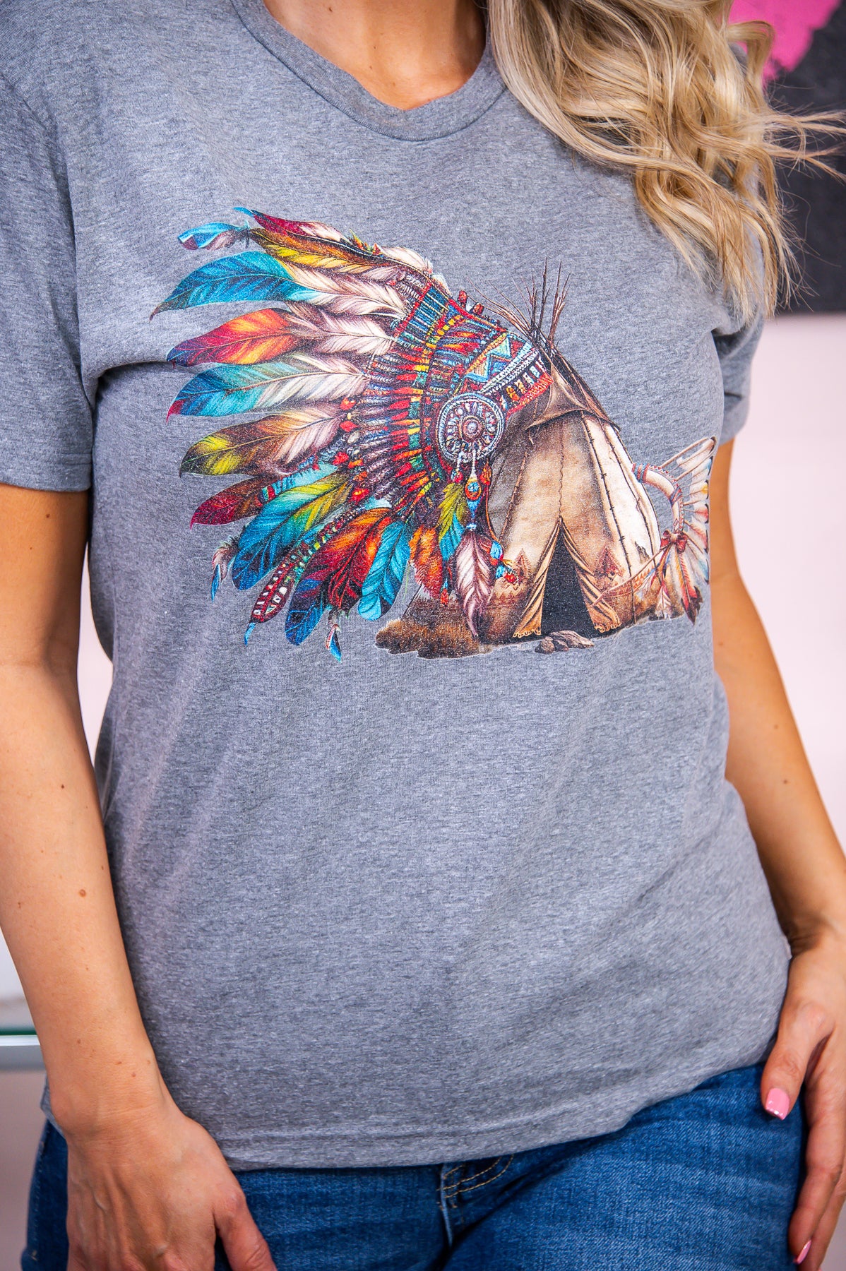 Dreaming In Nature Premium Heather Gray Native American Teepee Graphic Tee - A2879PHG