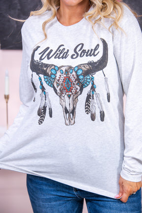 Wild Soul Heather White Long Sleeve Graphic Tee - A2873HWH