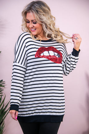 Beauty In Motion Ivory/Black/Red Striped Sequin Lip Tunic - T8997IV