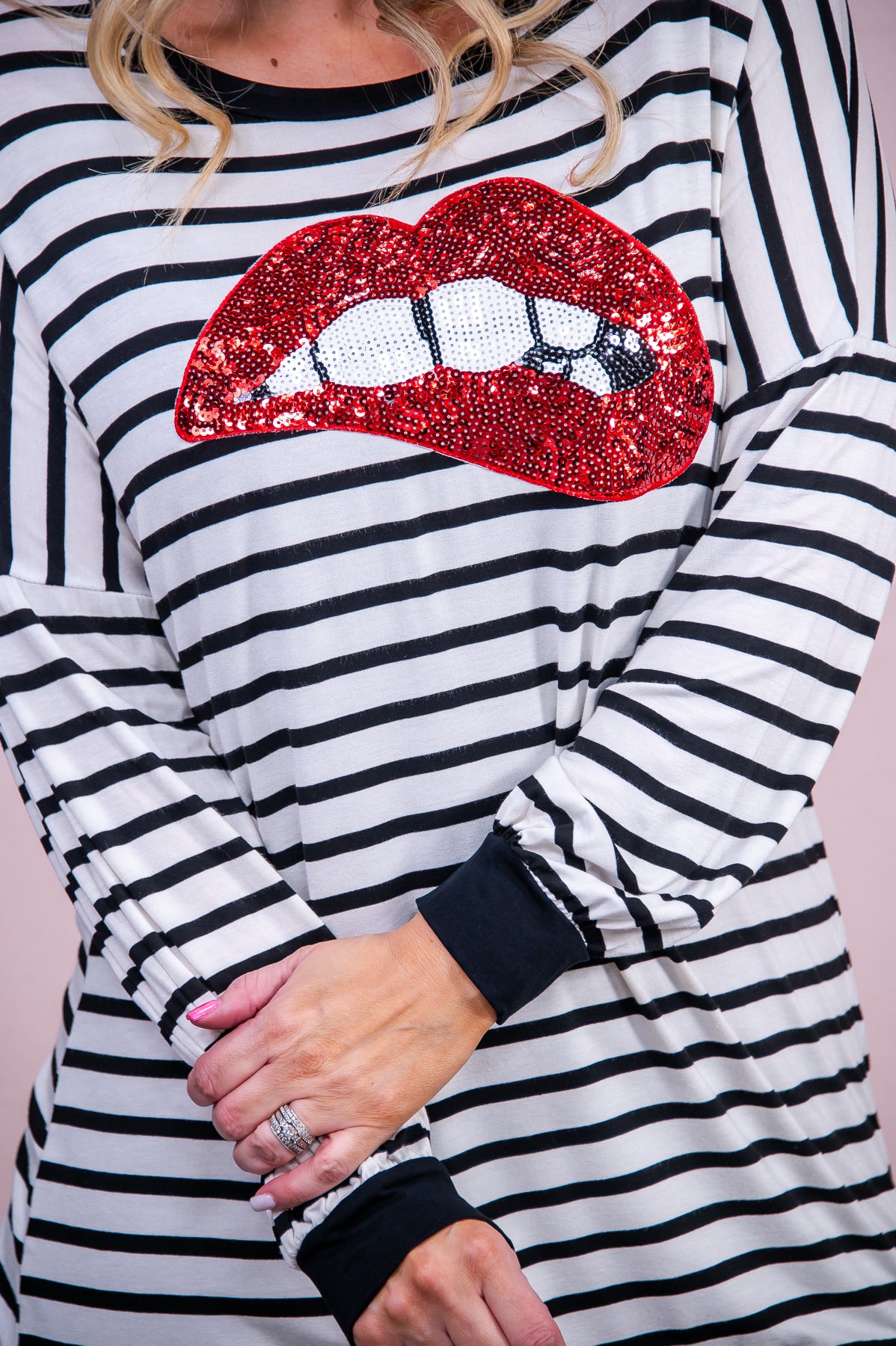 Beauty In Motion Ivory/Black/Red Striped Sequin Lip Tunic - T8997IV