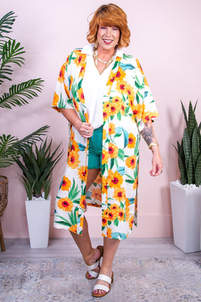 Sunny Sundays White/Yellow/Green Sunflower Kimono (One Size 4-18) - O5483WH
