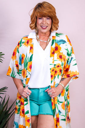 Sunny Sundays White/Yellow/Green Sunflower Kimono (One Size 4-18) - O5483WH
