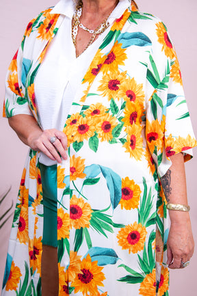 Sunny Sundays White/Yellow/Green Sunflower Kimono (One Size 4-18) - O5483WH