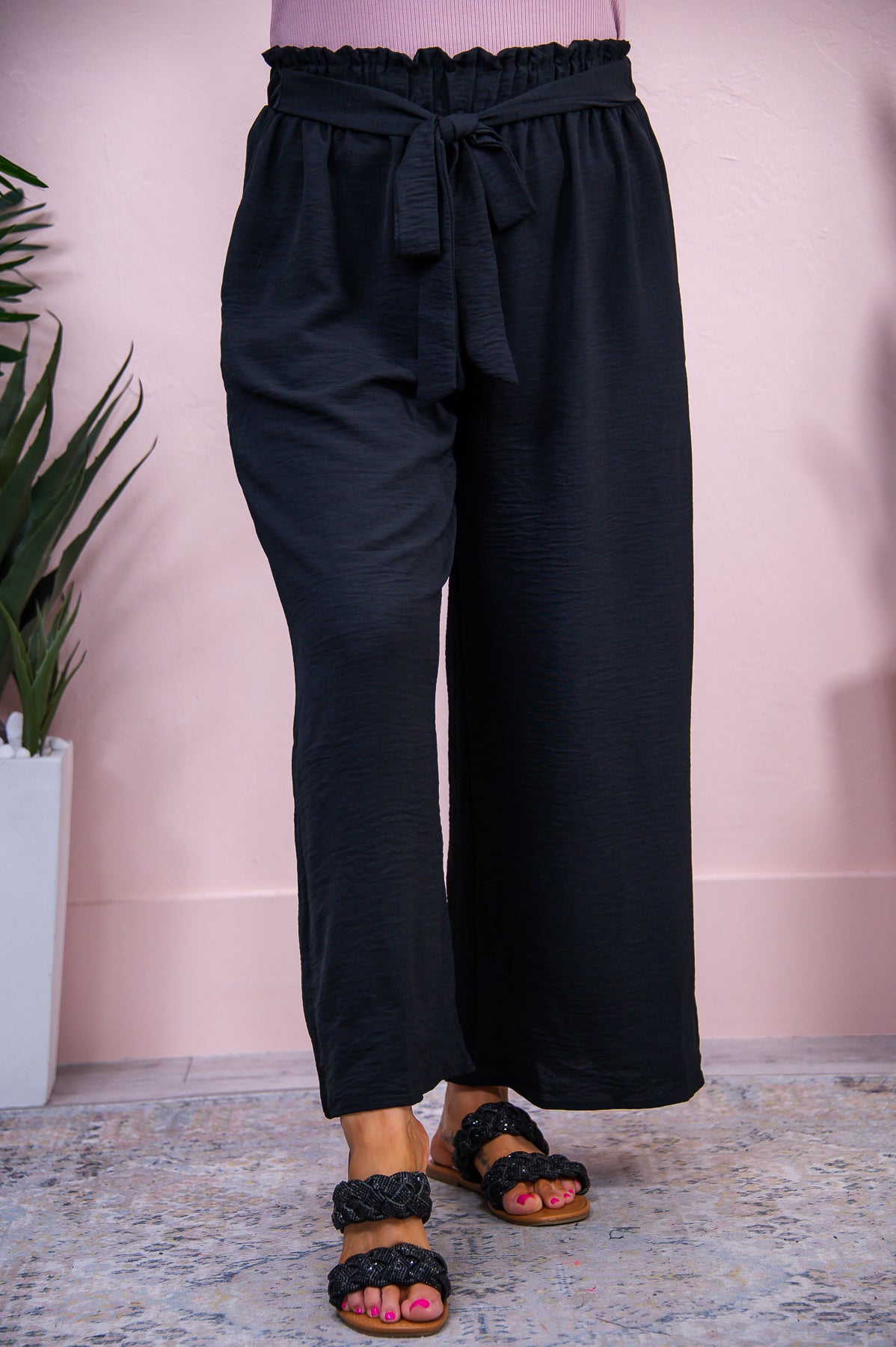 Summers In Italy Black Solid Front Tie Palazzo Pants - PNT1567BK