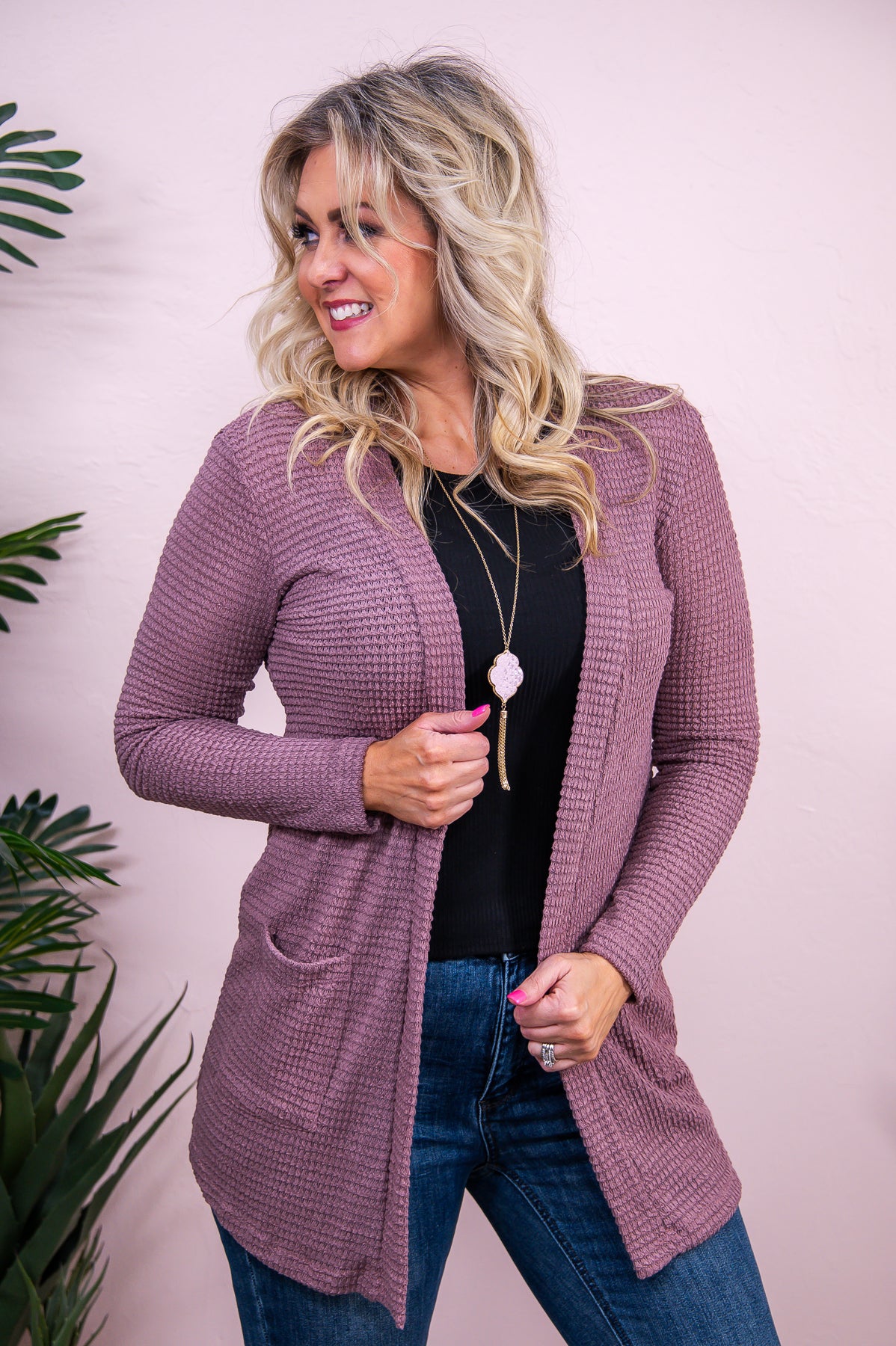 Live For Love Mauve Solid Knitted Cardigan - O5333MV