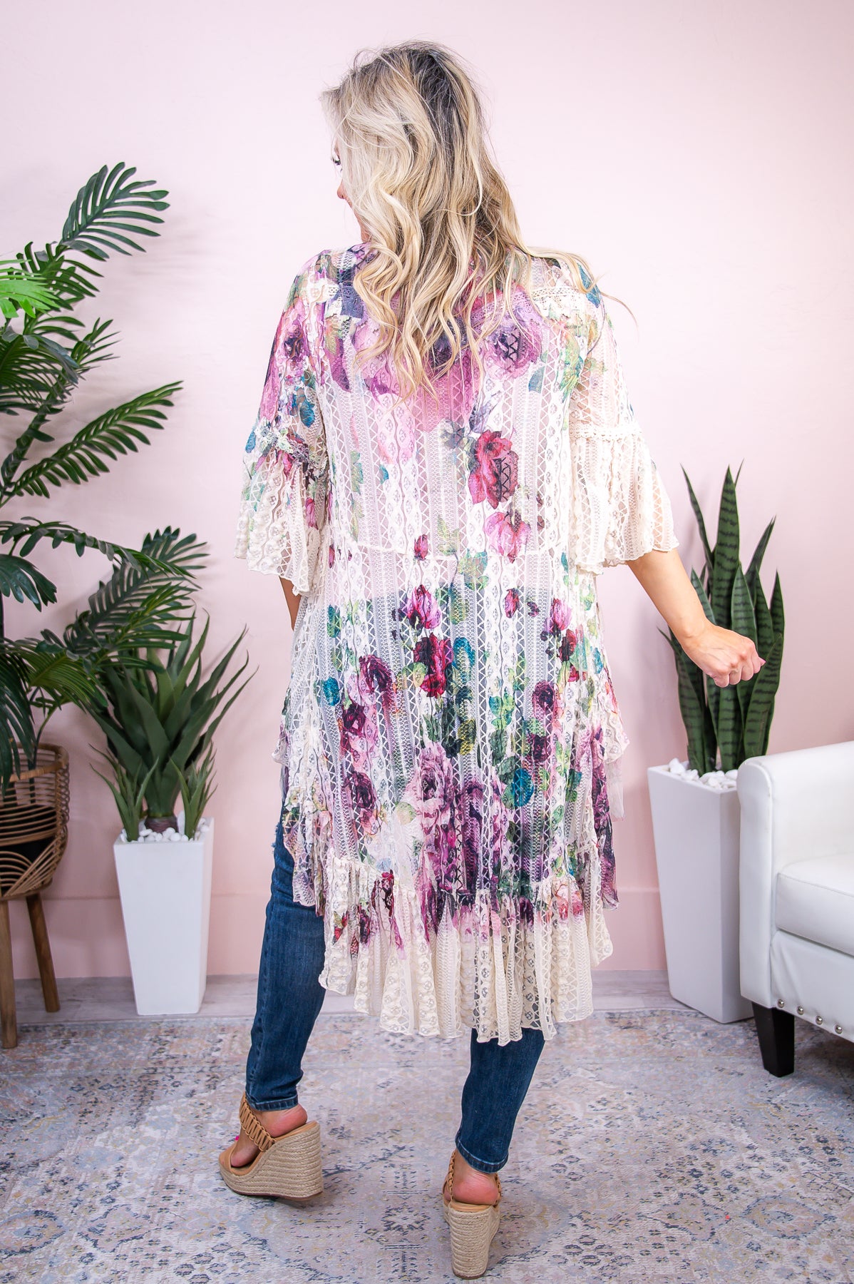 Pretty Perfect Beige/Mauve Floral Lace Kimono - O5332BG