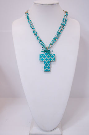 Turquoise/Multi Color Seed Bead Wooden Cross Necklace - NEK4252TU