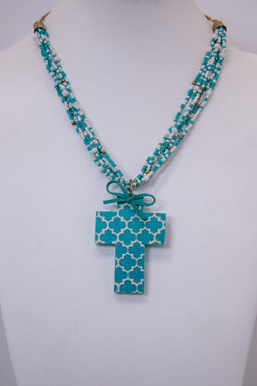 Turquoise/Multi Color Seed Bead Wooden Cross Necklace - NEK4252TU
