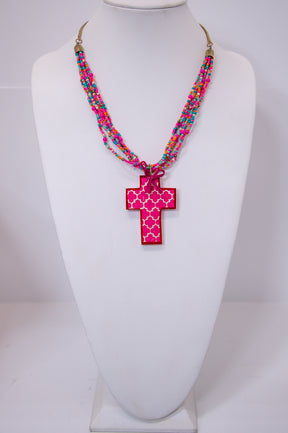Pink/Multi Color Seed Bead Wooden Cross Necklace - NEK4248PK