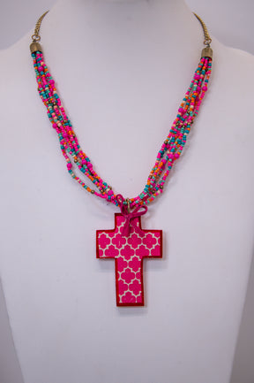 Pink/Multi Color Seed Bead Wooden Cross Necklace - NEK4248PK