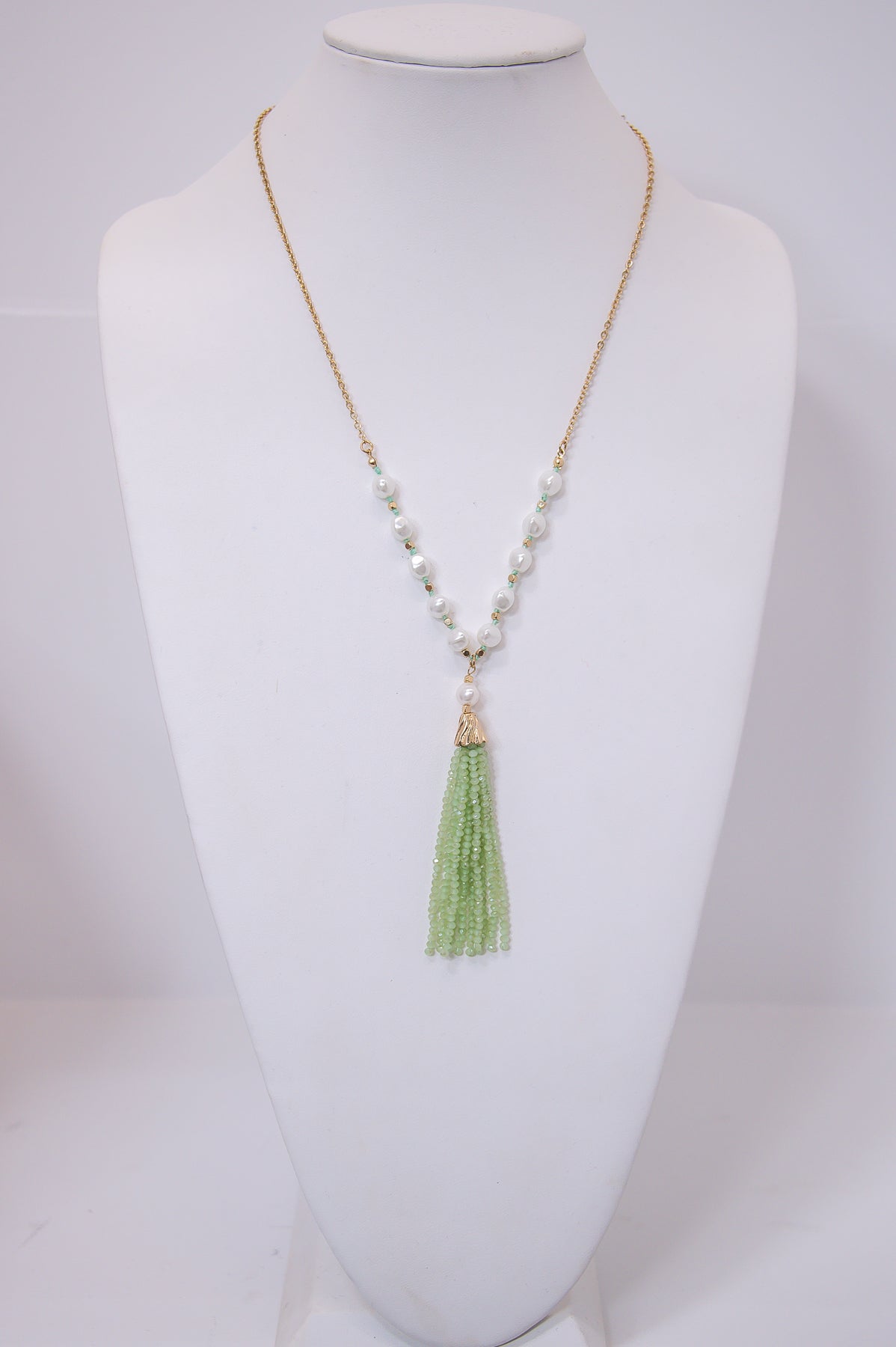 Gold/Seafoam Pearl/Beaded Tassel Necklace - NEK4245SF