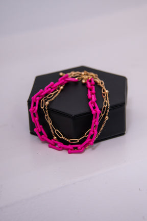 Hot Pink/Gold Layered Chain Anklets - ANK004