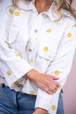 Call Me Gorgeous White/Mustard Floral Denim Jacket - O5337WH