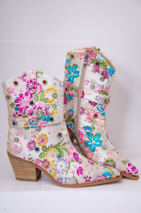 Cowgirls Shimmer And Shine Ivory/Multi Color Floral Bling Cowgirl Booties - SHO2674IV