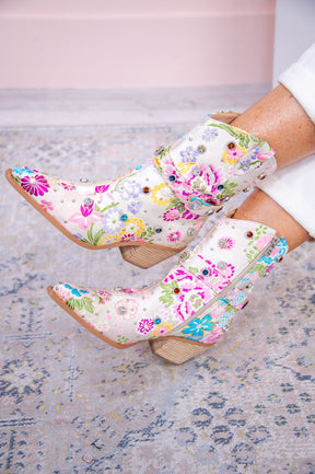 Cowgirls Shimmer And Shine Ivory/Multi Color Floral Bling Cowgirl Booties - SHO2674IV