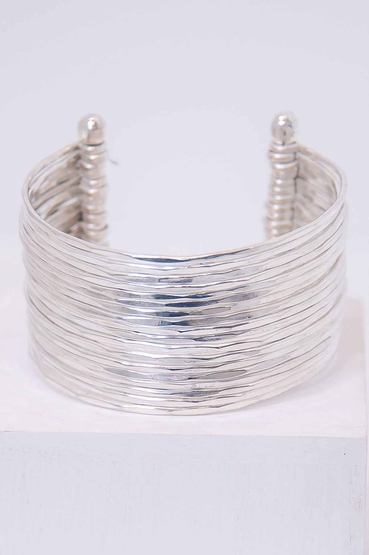 Silver Hammered Multi Row Cuff Bracelet - BRC3373SI