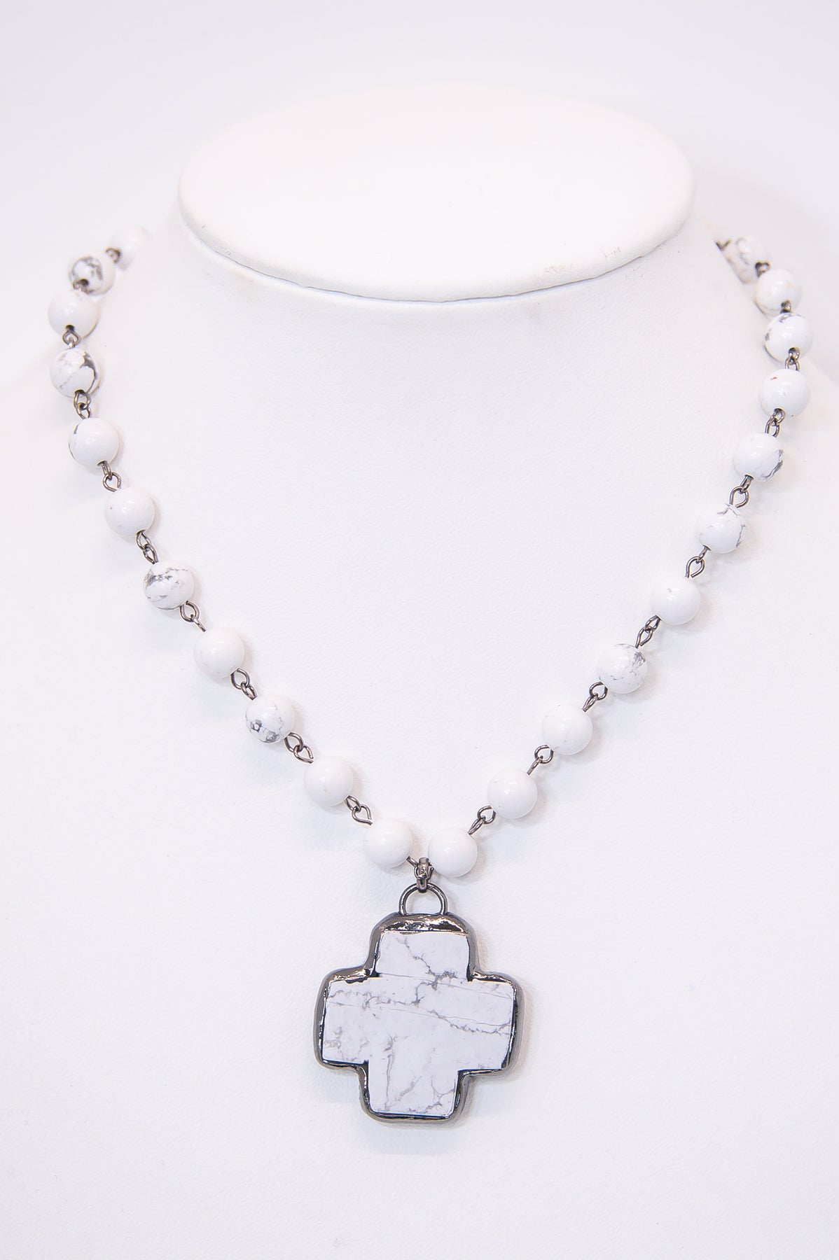 White Beaded Cross Pendant Necklace - NEK4276WH