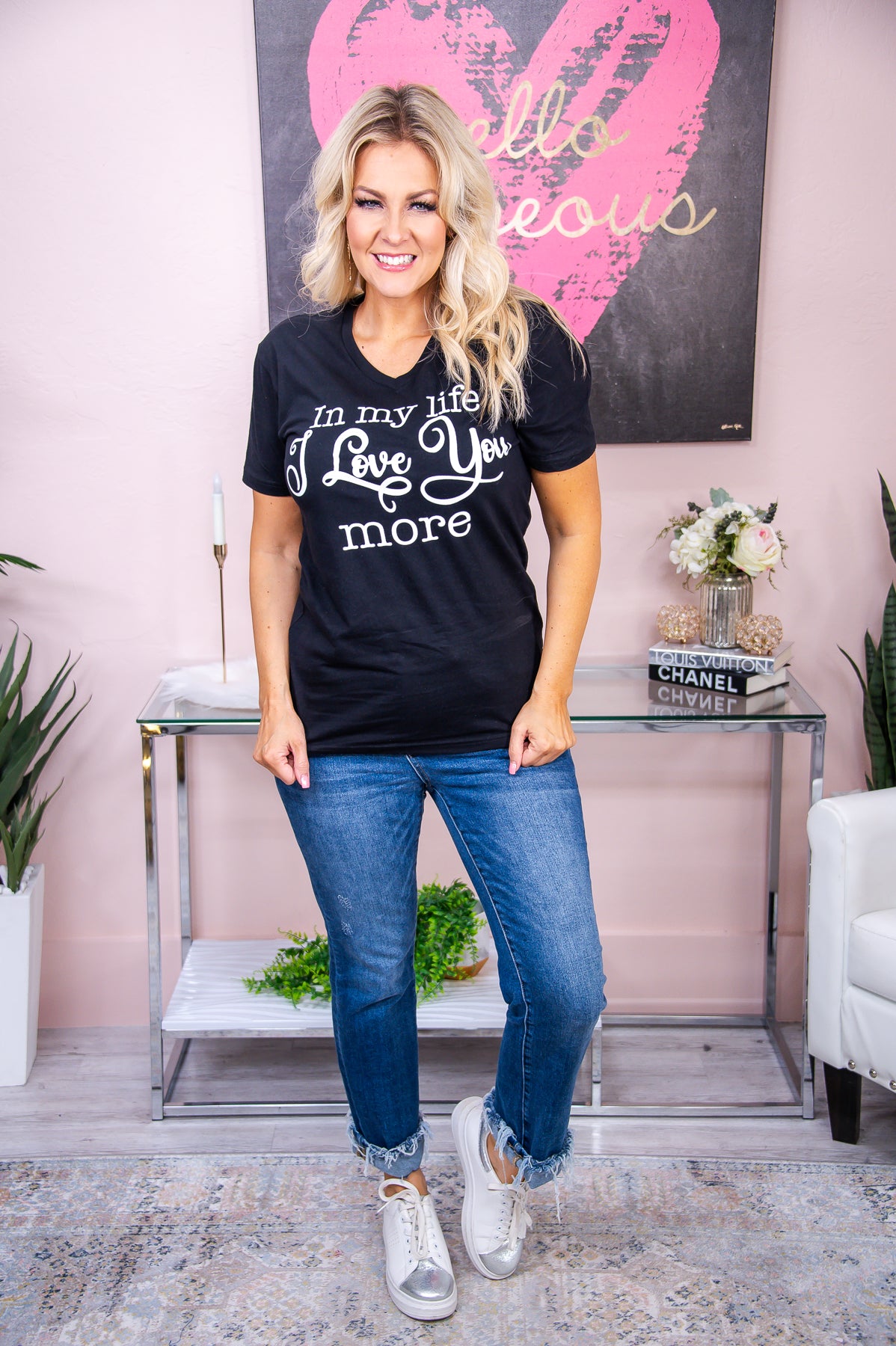 In My Life I Love You More Black V Neck Graphic Tee - A2887BK