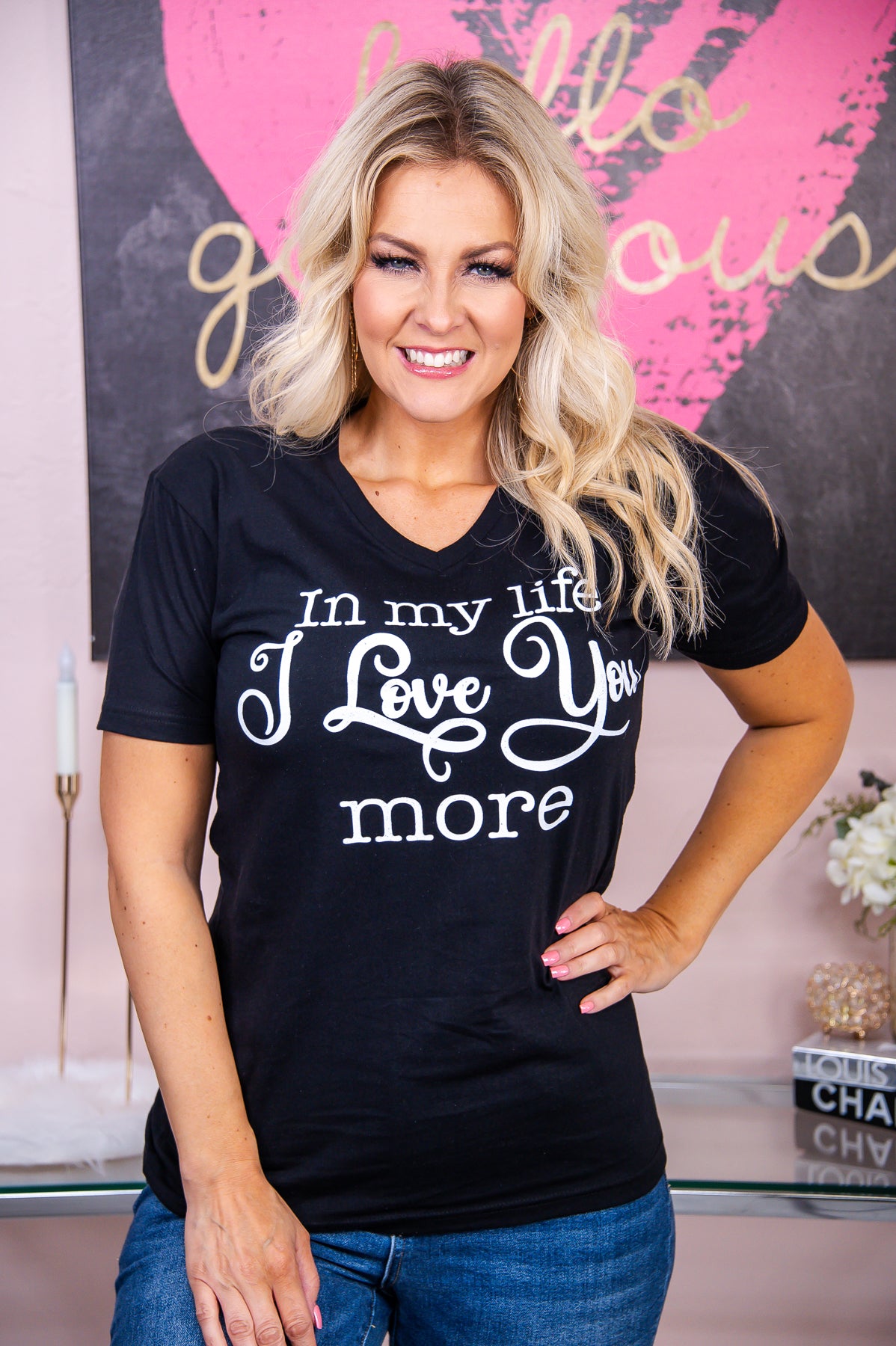 In My Life I Love You More Black V Neck Graphic Tee - A2887BK