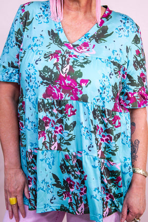 Wildy Grown Gardens Turquoise/Multi Color Floral Babydoll Top - T9835TU