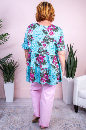 Wildy Grown Gardens Turquoise/Multi Color Floral Babydoll Top - T9835TU