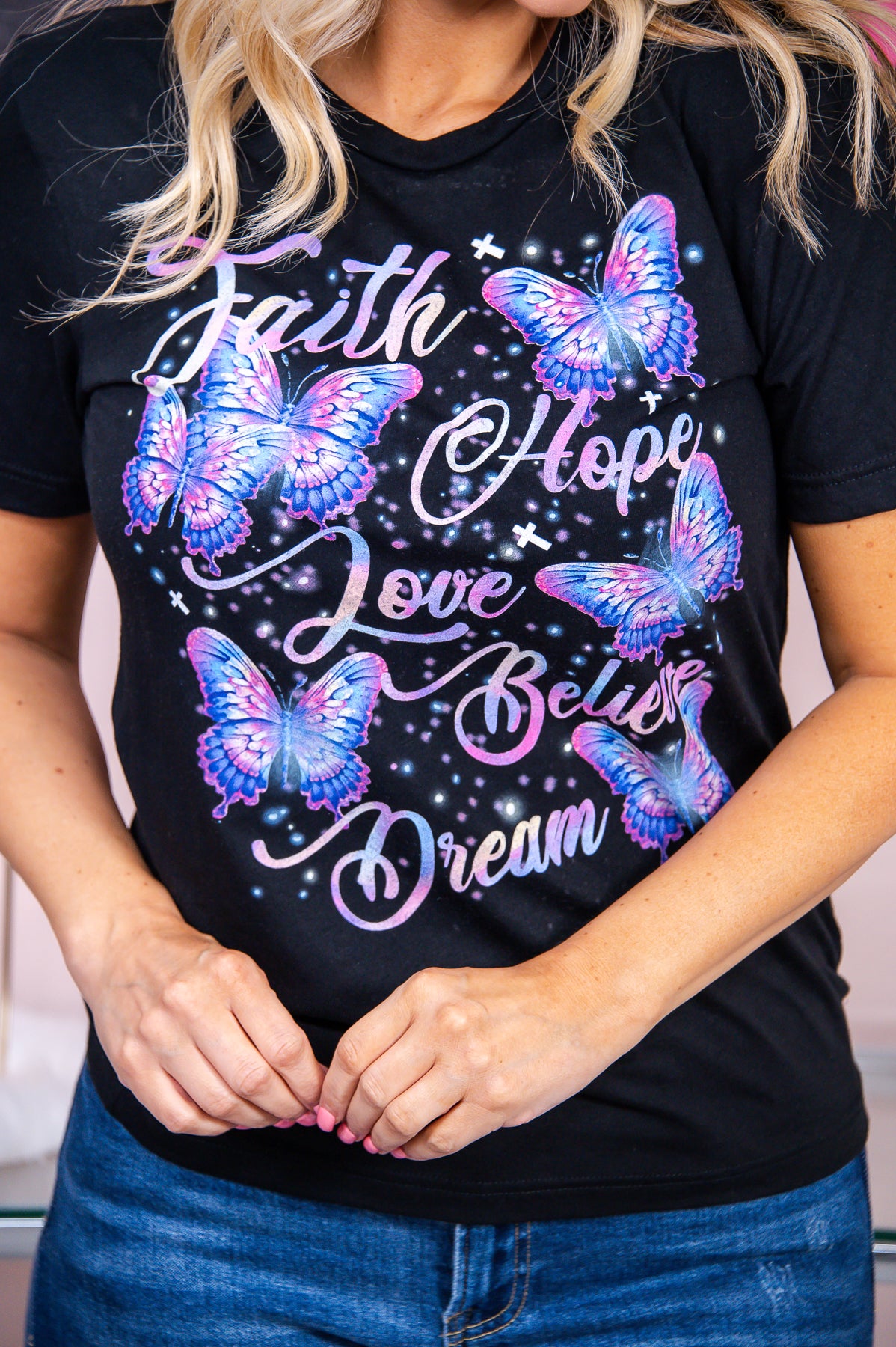 Faith, Hope, Believe Black Solid Graphic Tee - A2883BK