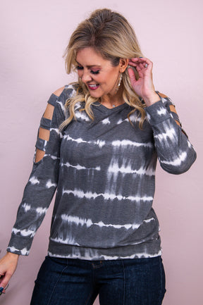 What A Night Charcoal Gray/Ivory Tie Dye open Shoulder Top - T8361CG