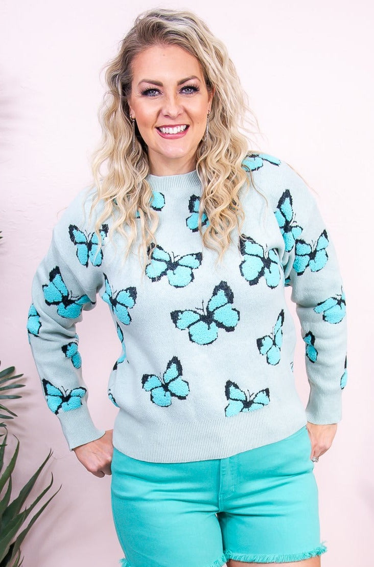 Find Your Wings & Soar Teal/Multi Color Butterfly Sweater Top - T9043TE