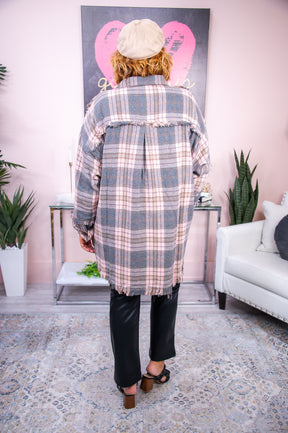 Take Me To Autumn Gray/Pink Plaid Frayed High-Low Jacket - O4882GR