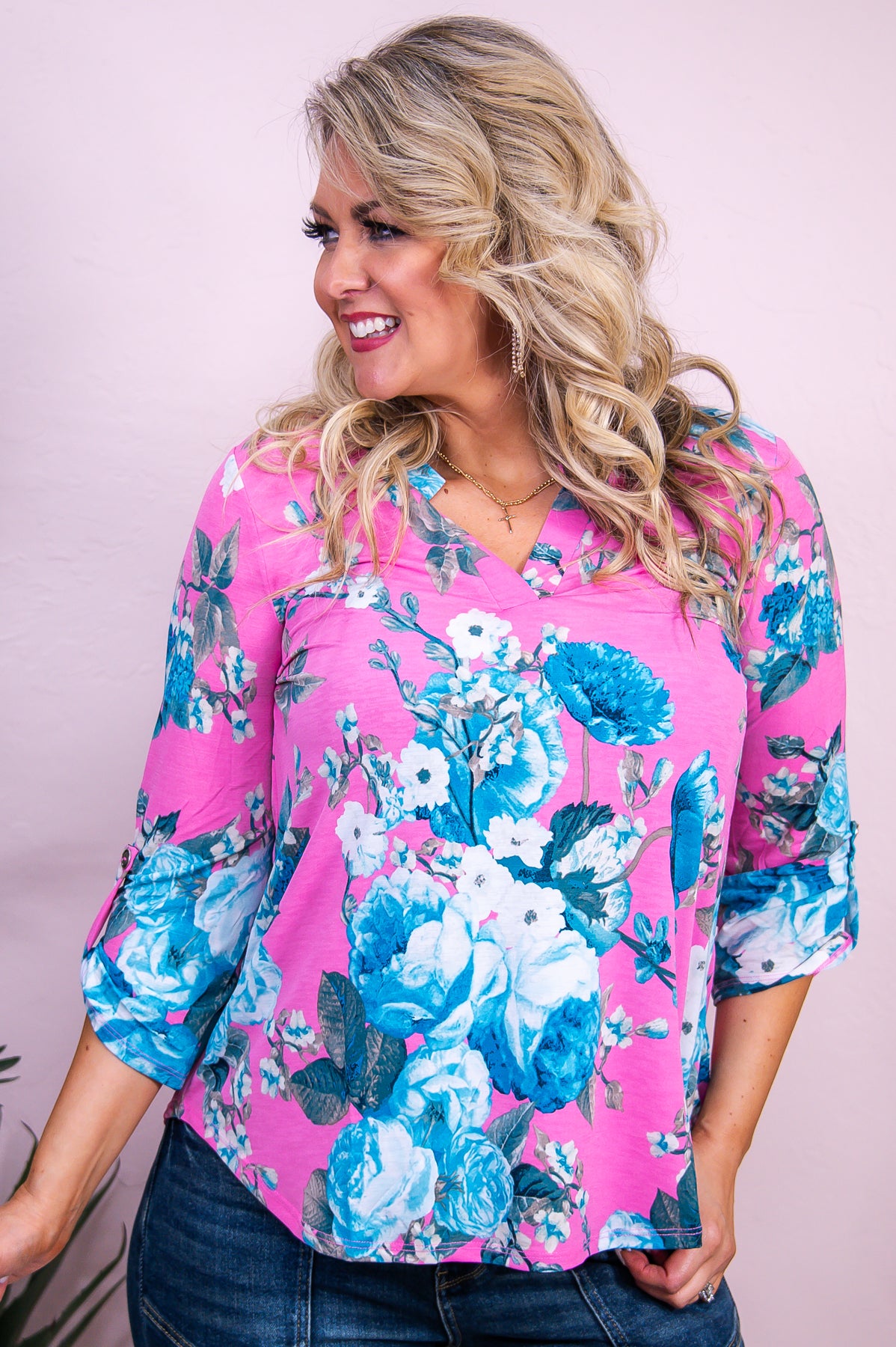 Dazzling In Pink Pink/Blue Floral Top - T9846PK