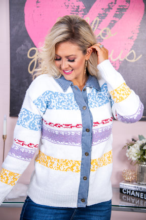 Luxurious Living Off White/Multi Color Striped Knitted Jacket - O4879OW