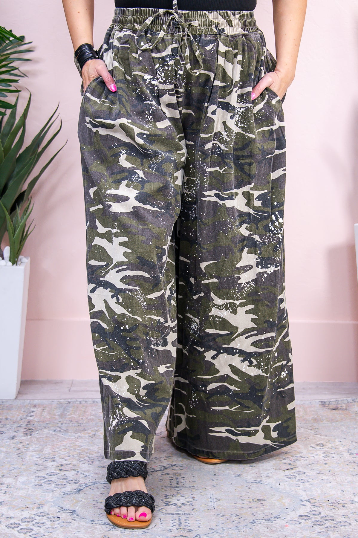Camo Wearin' Country Girl Dark Olive/Multi Color Camouflage/Paint Splatter Wide Leg Pants - PNT1570CA