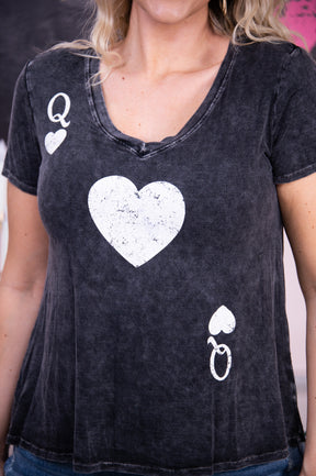 Queen Of Your Heart Vintage Black/Ivory Heart Printed V Neck Top - T6971VBK