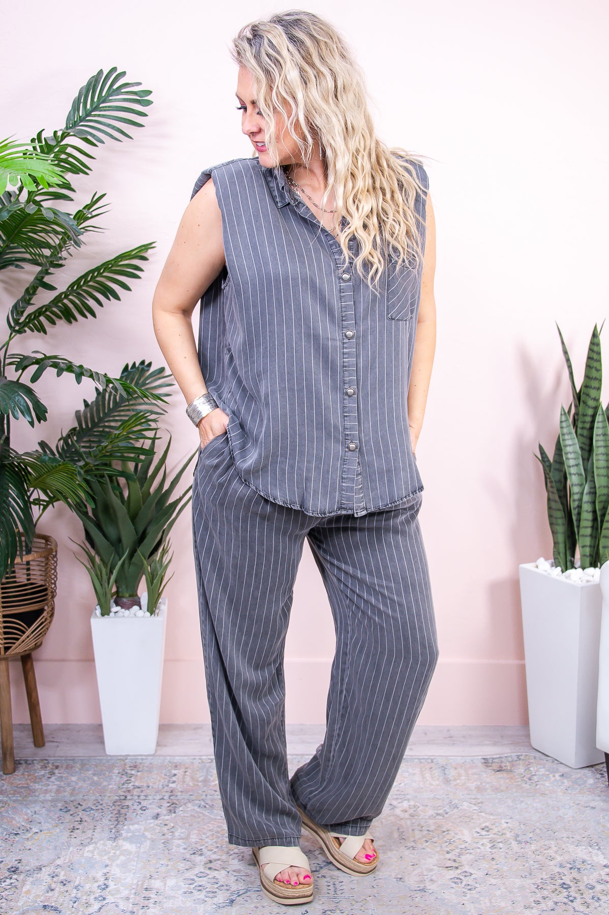 Midnight Mirage Gray Striped Top/Pant (2-Piece Set) - T9044GR