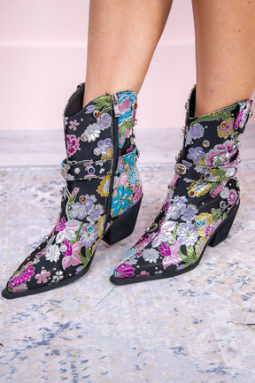 Cowgirls Shimmer And Shine Black/Multi Color Floral Bling Cowgirl Booties - SHO2677BK