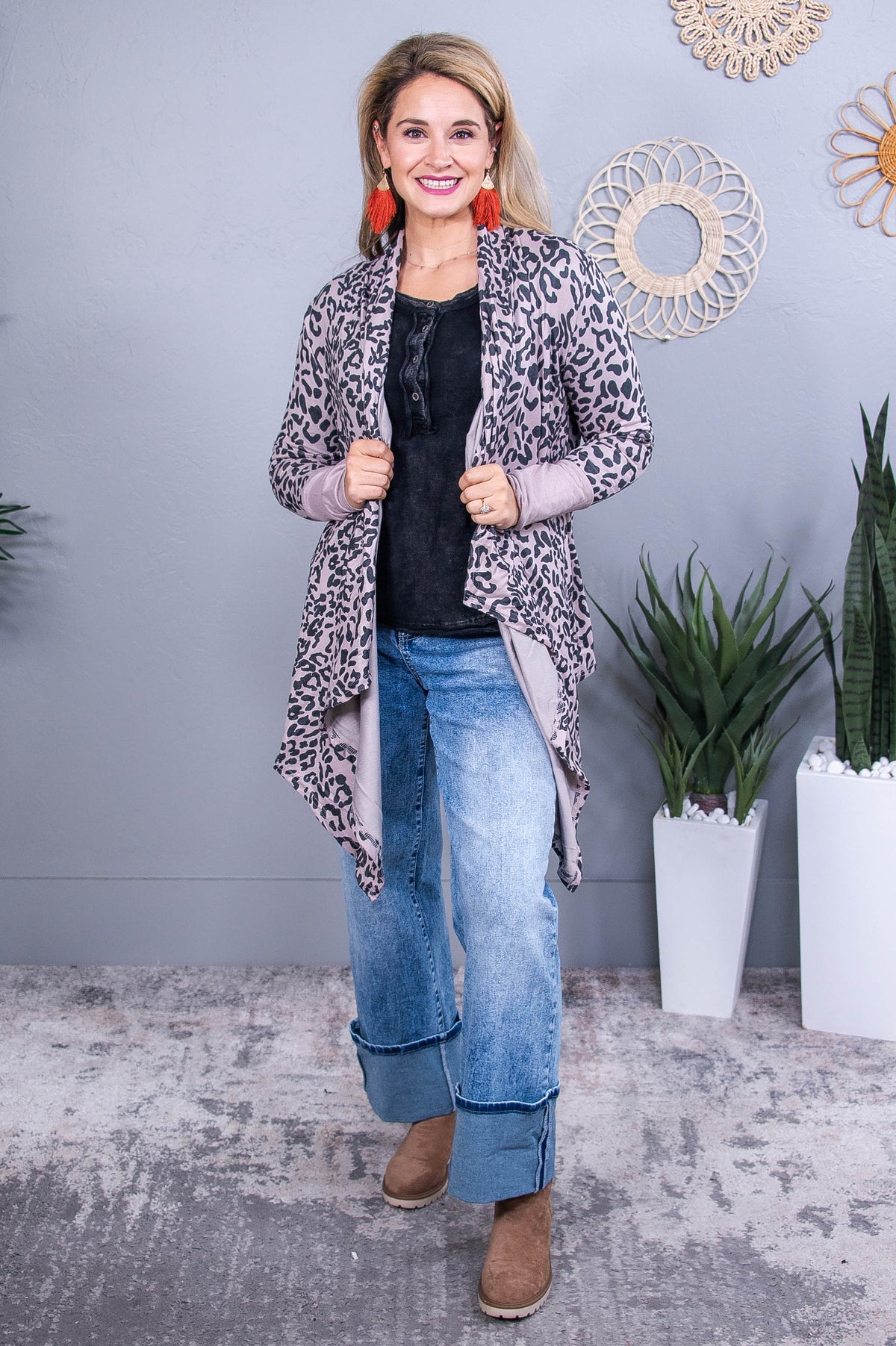 Making Your Mark Taupe/Charcoal Gray Printed Asymmetrical Cardigan - O5606TA