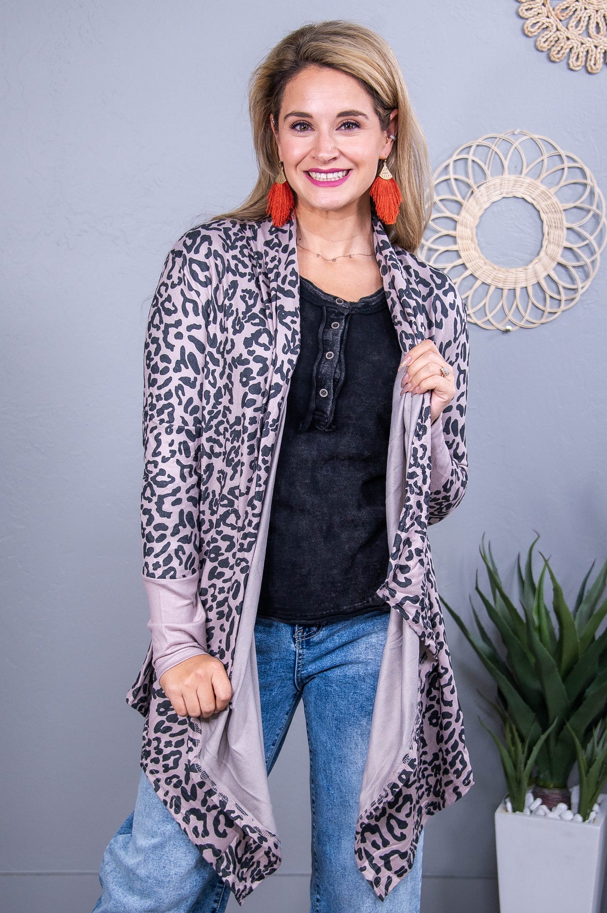Making Your Mark Taupe/Charcoal Gray Printed Asymmetrical Cardigan - O5606TA