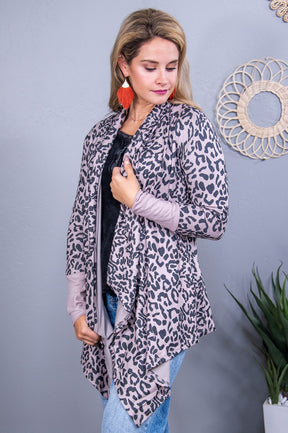 Making Your Mark Taupe/Charcoal Gray Printed Asymmetrical Cardigan - O5606TA