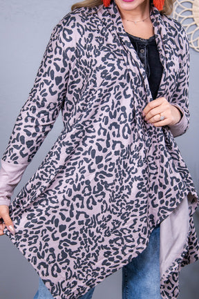 Making Your Mark Taupe/Charcoal Gray Printed Asymmetrical Cardigan - O5606TA