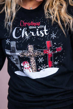 Christmas Begins With Christ Black Long Sleeve Graphic Tee - A3058BK