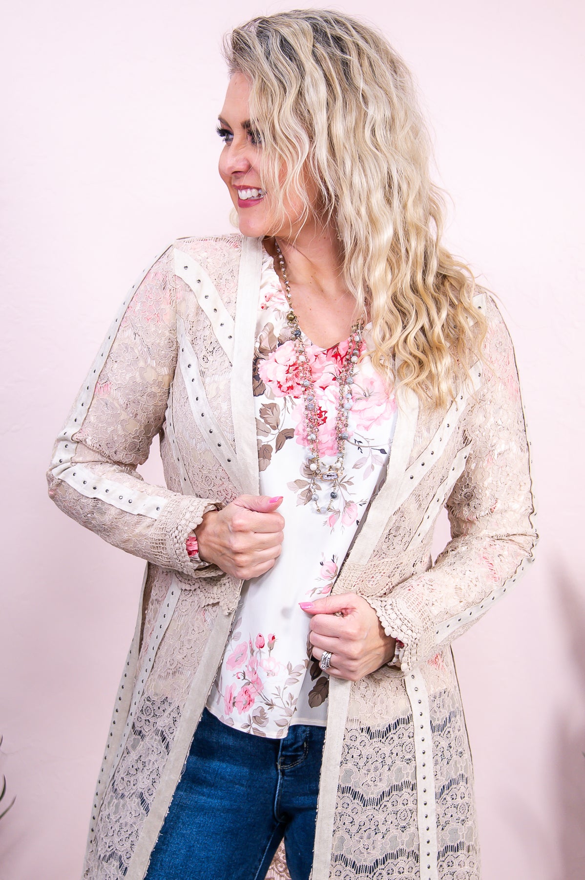 Baddie Approved Natural Solid Studded Floral Lace Kimono - O5350NA