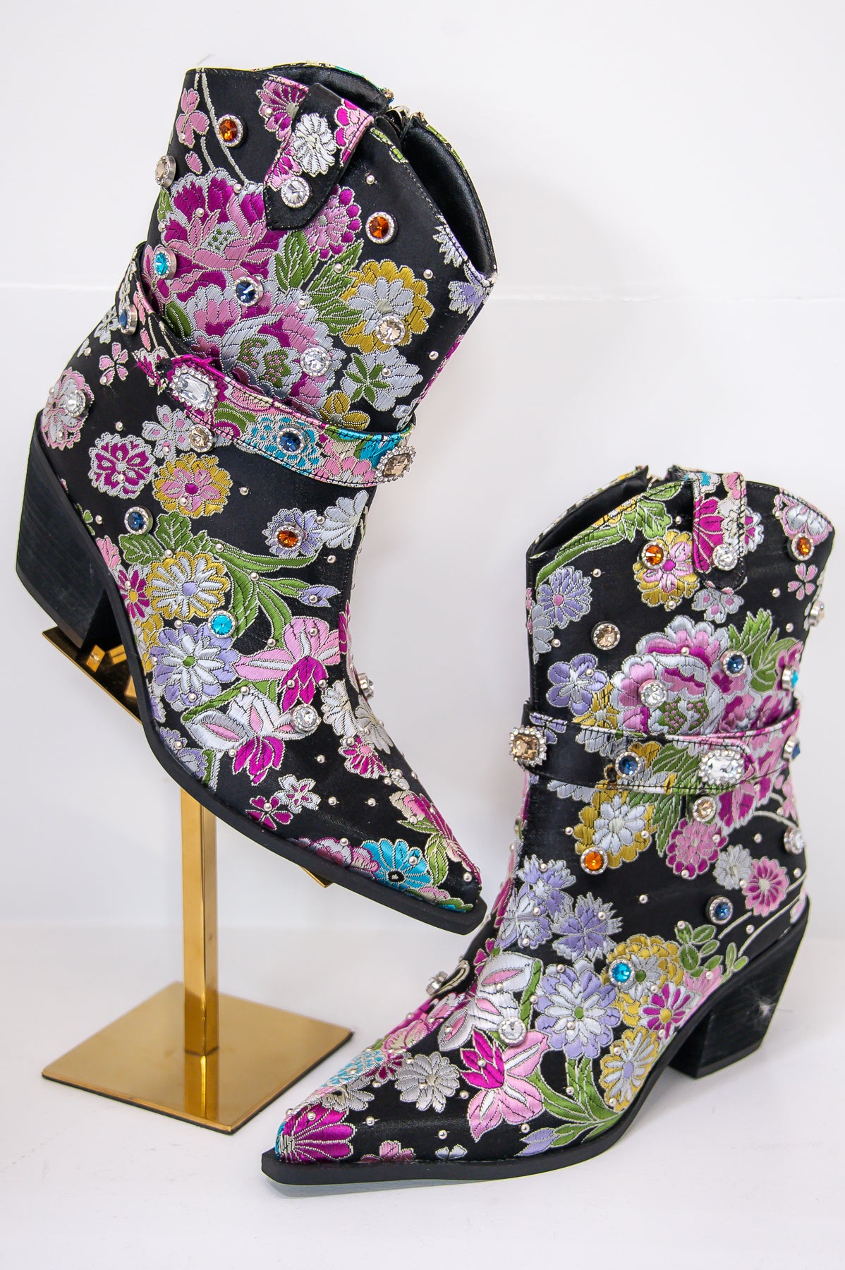 Cowgirls Shimmer And Shine Black/Multi Color Floral Bling Cowgirl Booties - SHO2677BK
