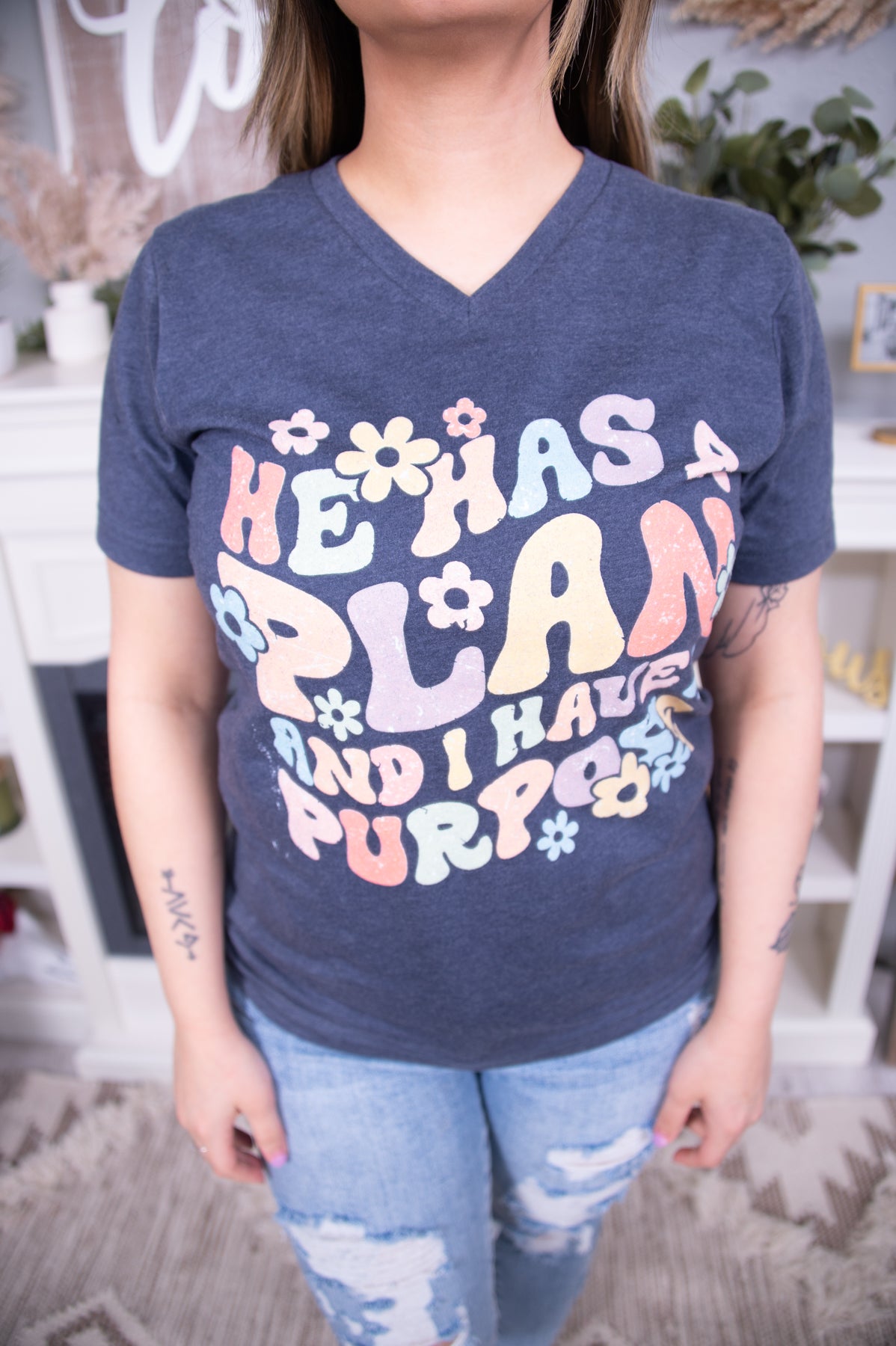 He Has A Plan Heather Navy Graphic Tee - A2707HNV